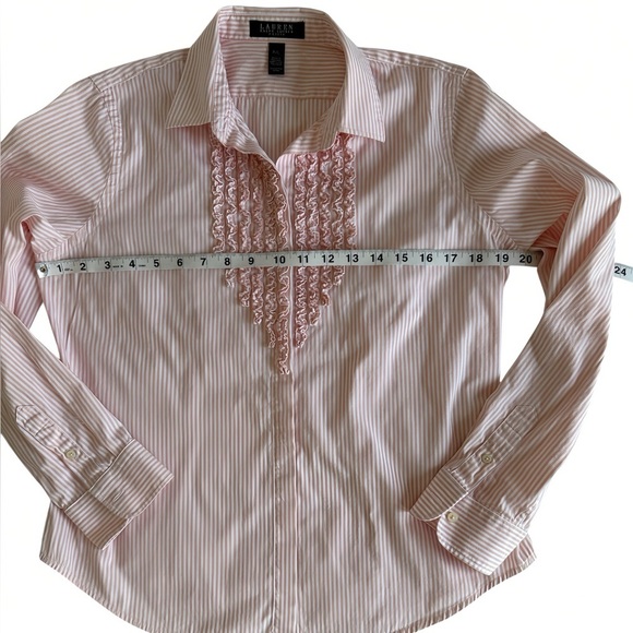 Lauren Ralph Lauren Petite Pink White Striped Ruffle Blouse Cotton P/L - Picture 7 of 9